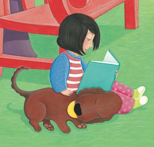 Drawing of child with book and Maggie