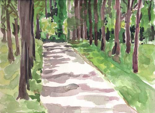 Watercolor of road to Grey Towers